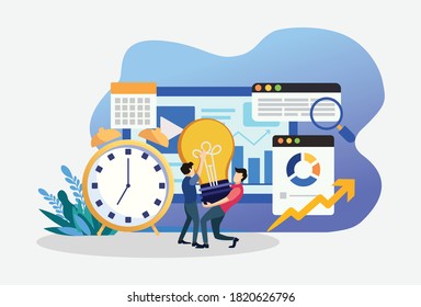 Flat isometric vector business illustration. small people characters develop creative business idea. Isometric big light bulb as metaphor idea. Graphics design for posters, flyers and banners, Landing