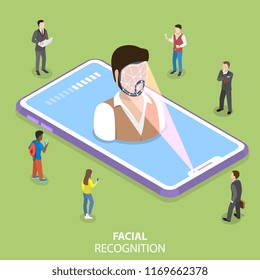 Flat isometric vector concept of biometric idetification, facial recognition system, digital verification. flat, isometric, vector,