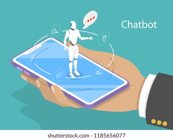 Flat isometric vector concept of chat bot, ai, artificial intelligence, customer support.