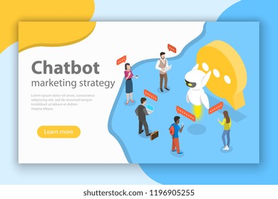 Flat isometric vector concept of chatbot markting strategy, ai, artificial intelligence, customer support.