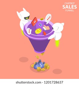 Flat isometric vector concept of chatbot sales funnel, ai, artificial intelligence, customer support, markting strategy.