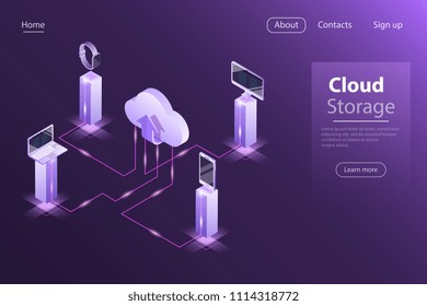 Flat isometric vector concept of cloud online storage, big data computing service, mobile device sync.