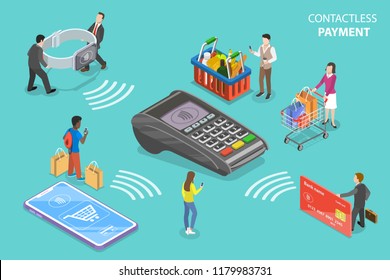 Flat isometric vector concept of contactless, wireless, cashless payment, NFC