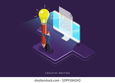 Flat Isometric Vector Concept Of Creative Writing, Copywriting, Content Creating.