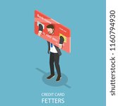 Flat isometric vector concept of credit card fetters, squander, credit slavery, financial debt.