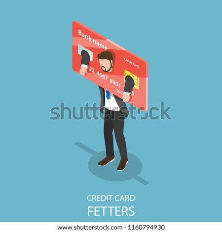 Flat isometric vector concept of credit card fetters, squander, credit slavery, financial debt.