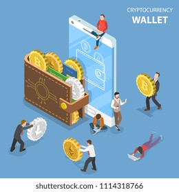 Flat isometric vector concept of cryptocurrency wallet, blockchain, cryptocurrency mining, crypto exchange.