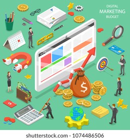 Flat isometric vector concept of digital marketing budget calculation, seo, ppc, roi.