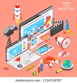 Flat Isometric Vector Concept Of Digital Video Marketing, Advertising, Social Media, Seo.