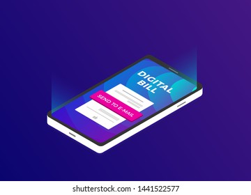 Flat isometric vector concept of digital bill receipt, online payment, money transfer, mobile wallet. For website landing page, template, layout icon.