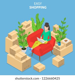 Flat isometric vector concept of easy shopping, e-commerce, online store, mobile payment, fast delivery,