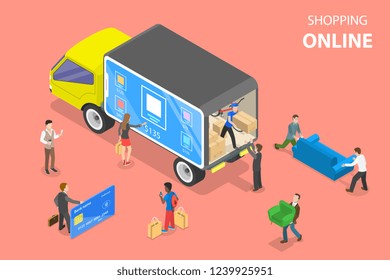 Flat isometric vector concept of easy shopping, e-commerce, online store, mobile payment, fast delivery,