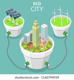 Flat isometric vector concept of eco city, solar panels, windmills, alternative green energy, wind turbines.