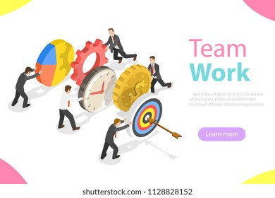 Flat isometric vector concept of effective teamwork, business team, brainstorm.