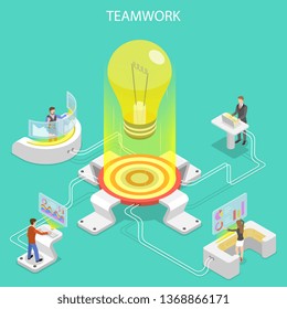 Flat isometric vector concept of effective teamwork, business team, brainstorm.