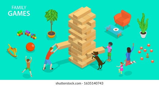 Flat Isometric Vector Concept of Family Games, Parents and Children Joint Entertainment.