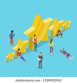 Flat isometric vector concept of five stars, best rating, customer feedback, positive review.