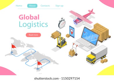 Flat isometric vector concept of global logistics, worldwide freight shipping, fast delivery.