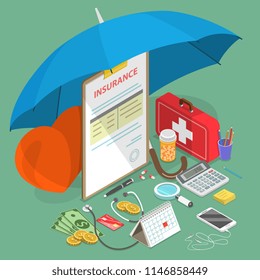 Flat isometric vector concept of health insurance, medical care, prescription medications.