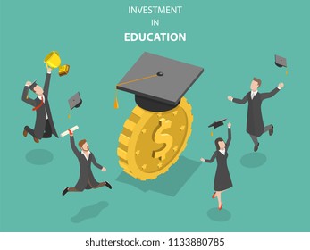 Flat Isometric Vector Concept Of Investment In Education, Money Savings For Study.