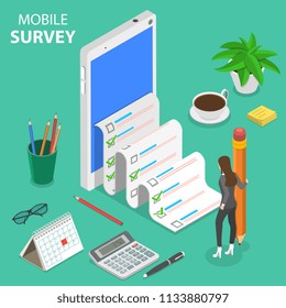 Flat Isometric Vector Concept Of Mobile Survey, Customer Review, Feedback Service.