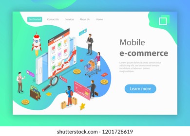 Flat isometric vector concept of mobile advertising, social media campaign, digital marketing.