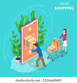 Flat isometric vector concept of mobile shopping, e-commerce, online store, payment.