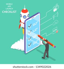 Flat Isometric Vector Concept For Mobile App Launch Checklist, Startup Idea, Mobile Development.