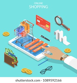 Flat isometric vector concept of online shopping, e-commerce, mobile payment.