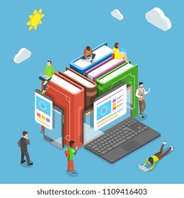 Flat isometric vector concept of online education, e-learning, webinar, training.