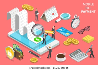 Flat isometric vector concept of online bill payment, shopping, banking, accounting.