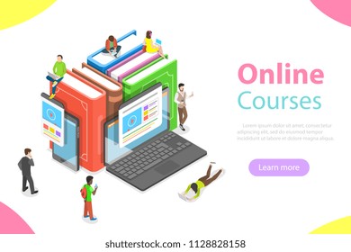 Flat isometric vector concept of online courses, education, e-learning, webinar, training