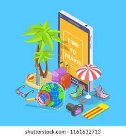 Flat isometric vector concept of online tour searching, summer vacation, hotel and tickets booking.