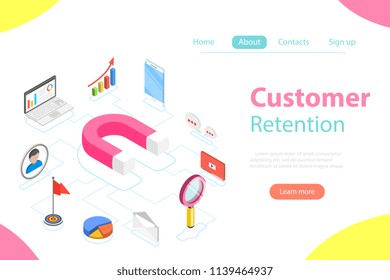 Flat isometric vector concept of retention strategy, attracting customer, client support.