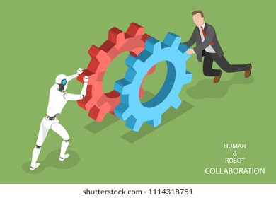 Flat isometric vector concept of robot and human collaboration, artificial intelligence, business automation.
