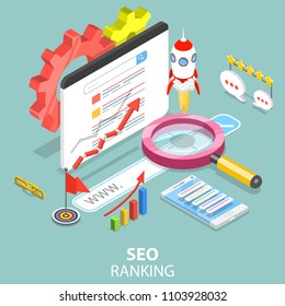 Flat Isometric Vector Concept Of Search Engine Ranking, Web Analytics, SEO, Website Optimization Marketing.