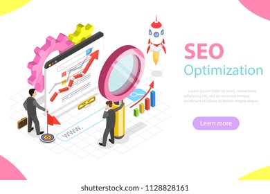Flat isometric vector concept of search engine ranking, web analytics, SEO, website optimization marketing.