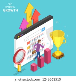 Flat Isometric Vector Concept Of Seo Ranking Growth, Web Analytics, Website Optimization Marketing.