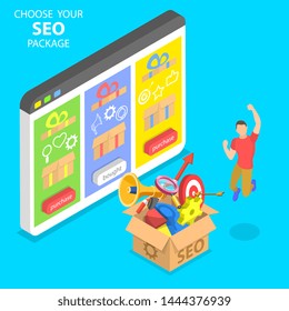 Flat isometric vector concept of SEO package choosing, search engine ranking, website optimization marketing.