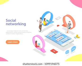 Flat Isometric Vector Concept Of Social Media Network, Digital Communication, Chatting.