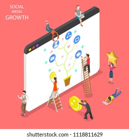 Flat Isometric Vector Concept Of Social Media Growth, Networking, Chatting.