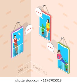 Flat isometric vector concept of social media network, digital communication, chatting.