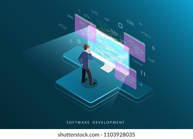 Flat isometric vector concept of software development, programming, coding.