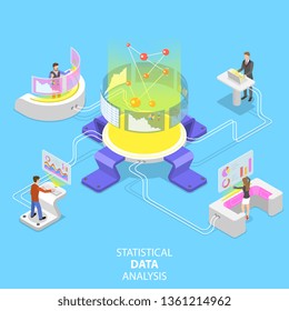 Flat isometric vector concept of statictical data analysis and analytics, audit report, company performance analysis.
