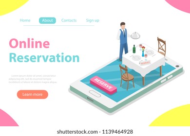 Flat Isometric Vector Concept Of Table Online Reservation, Mobile Booking.