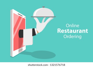 Flat isometric vector concept of table online reservation, mobile booking, food ordering and delivery.