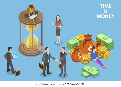 Flat isometric vector concept of time is money, income growth, roi, financial investments, time management and planning.