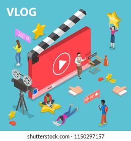 Flat Isometric Vector Concept Of Video Blog, Vlog, Online Channel, Creating Video Content.