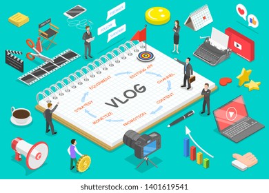 Flat isometric vector concept of video blog, vlog, creating online channel, content creating.