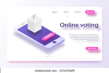 Flat isometric vector concept voting online, e-voting, election internet system. Concept of online choices with box and bulletins on smartphone screen. 